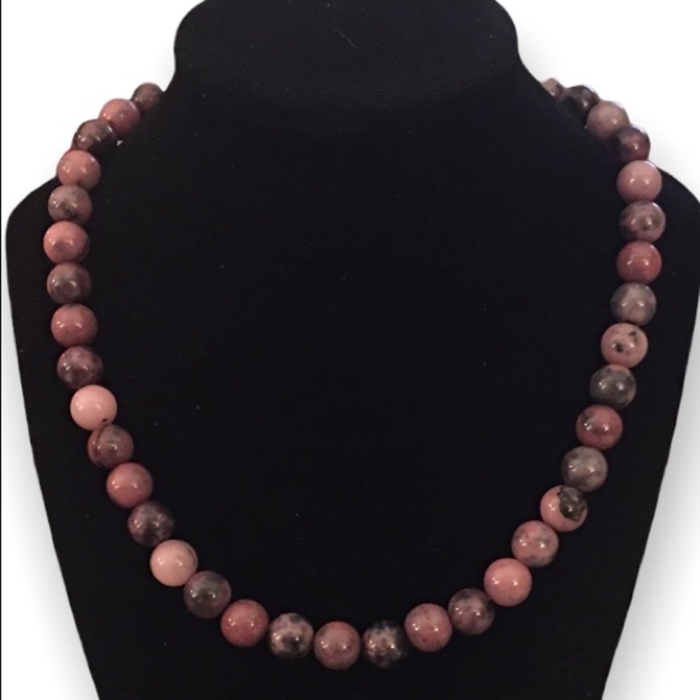Rhodonite 10mm Beaded Necklace with Rhodium Over Sterling Silver Clasp